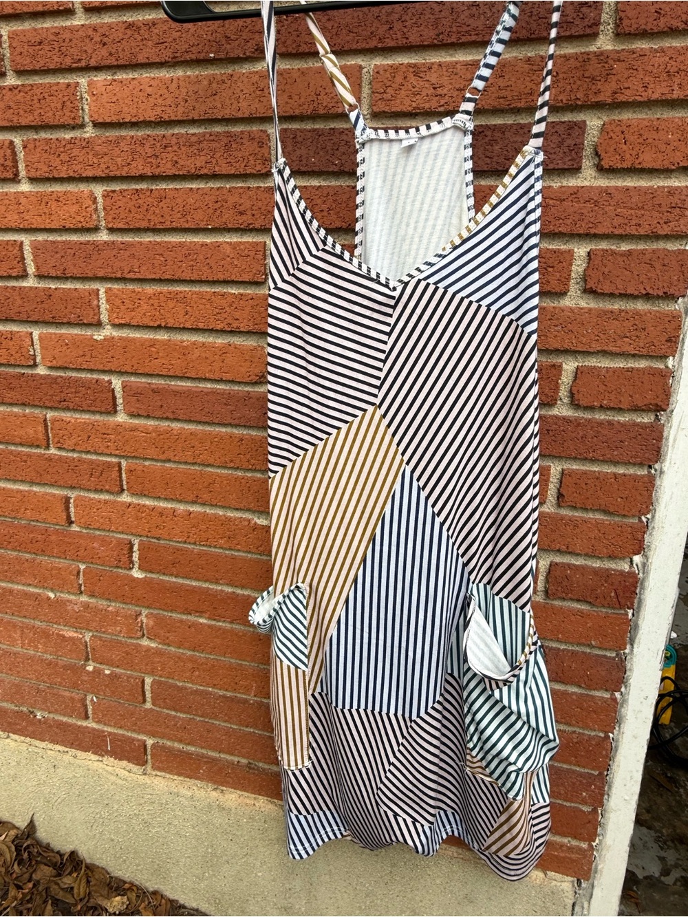 Striped Patchwork Spaghetti-Strap Dress in Black, White & Tan